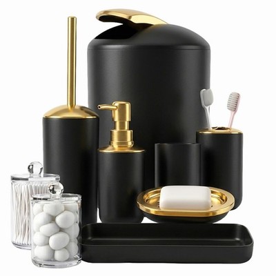 9 Pieces Black Bathroom Set, Gorgeous Gold Bathroom Set, Trash Can, Brush, So...