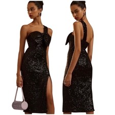 Mac Duggal NWT Black Sequin One Shoulder Bow Accent Midi Dress Size 0 Side Slit