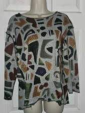 Jess Jane Art To Wear Geometric Boho Top 3/4 Sleeve Womens Size S USA Made