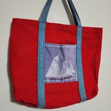 Vintage Red Canvas Tote Bag with Sailboat Pocket and Blue Straps Yacht Outdoors