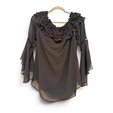 White House Black Market-Sheer Lace Ruffle V-...