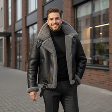 Men Leather Jacket RAF Aviator Bomber Coat  SheepSkin Pilot Flying Shearling Fur