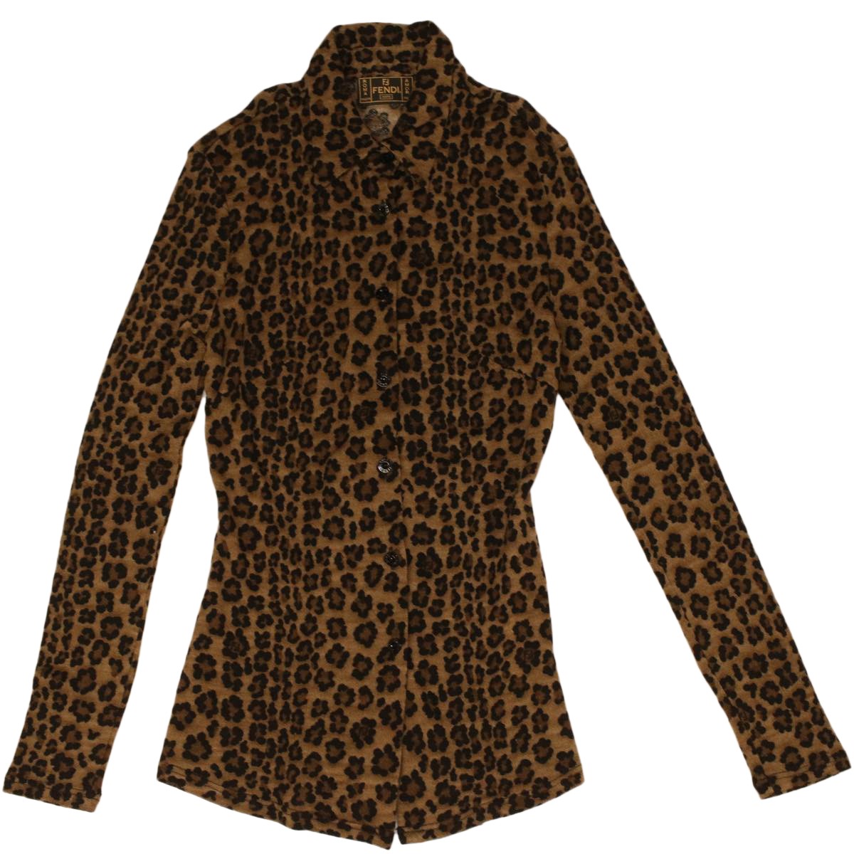 FENDI Leopard Long Sleeved Shirt Wool Brown Auth am3595 | eBay