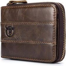 BULLCAPTAIN Mens Leather Wallet Zipper RFID Blocking Wallets Coins Deep brown