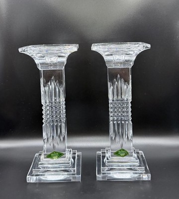Vintage SHANNON CRYSTAL SQUARE PILLAR TAPER CANDLE HOLDERS 9'' x 3.7''