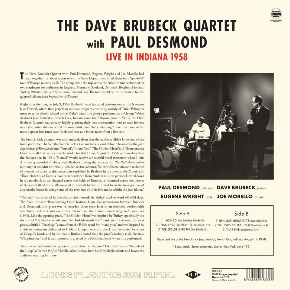 Dave Brubeck Quartet & Paul Desmon Live In Indiana 1958 + 1 Bonus Track (Vinyl) - Image 3 of 4