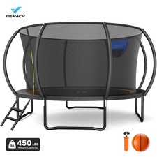 MERACH 14FT Pumpkin Outdoor Trampoline with Safety Enclosure Net, Basketball Hoo