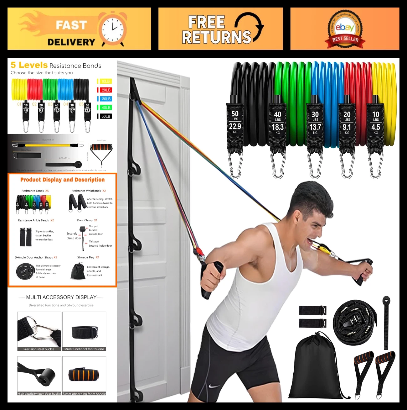 150LBS Resistance Bands Set with Door Anchor & Handles - Full Body Workout, 5 Co