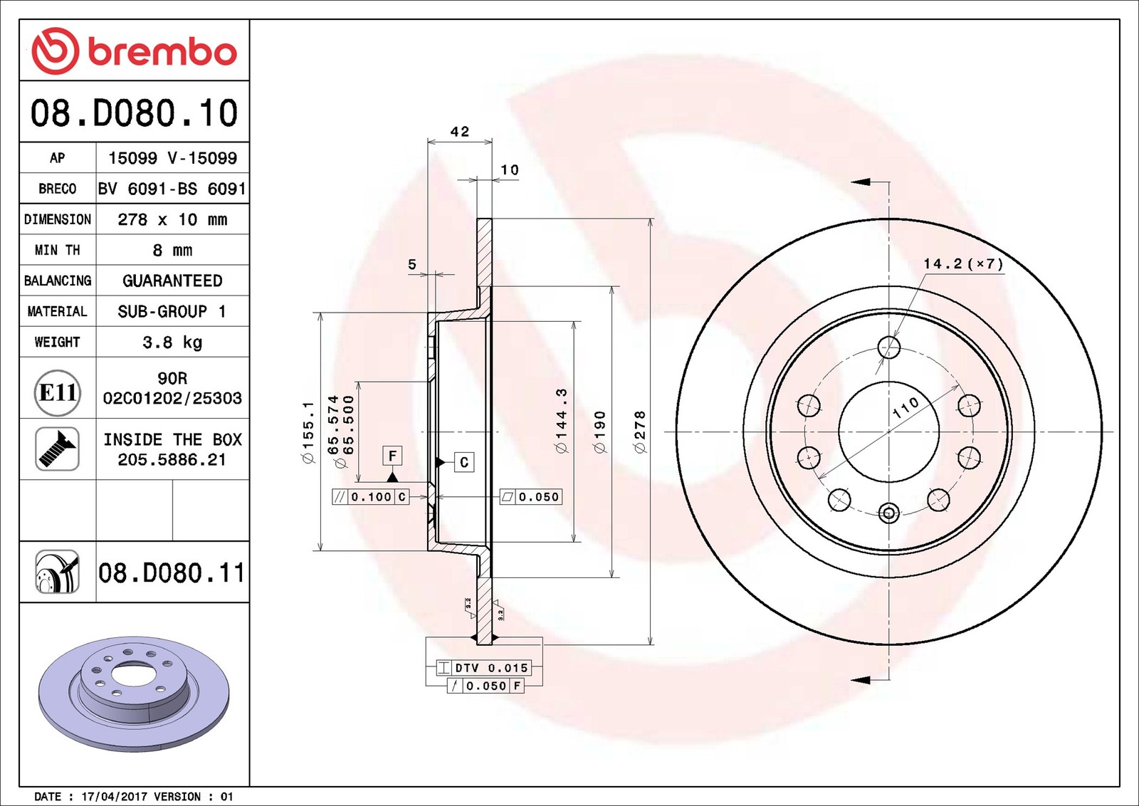 Fits BREMBO 08.D080.11 Brake Disc