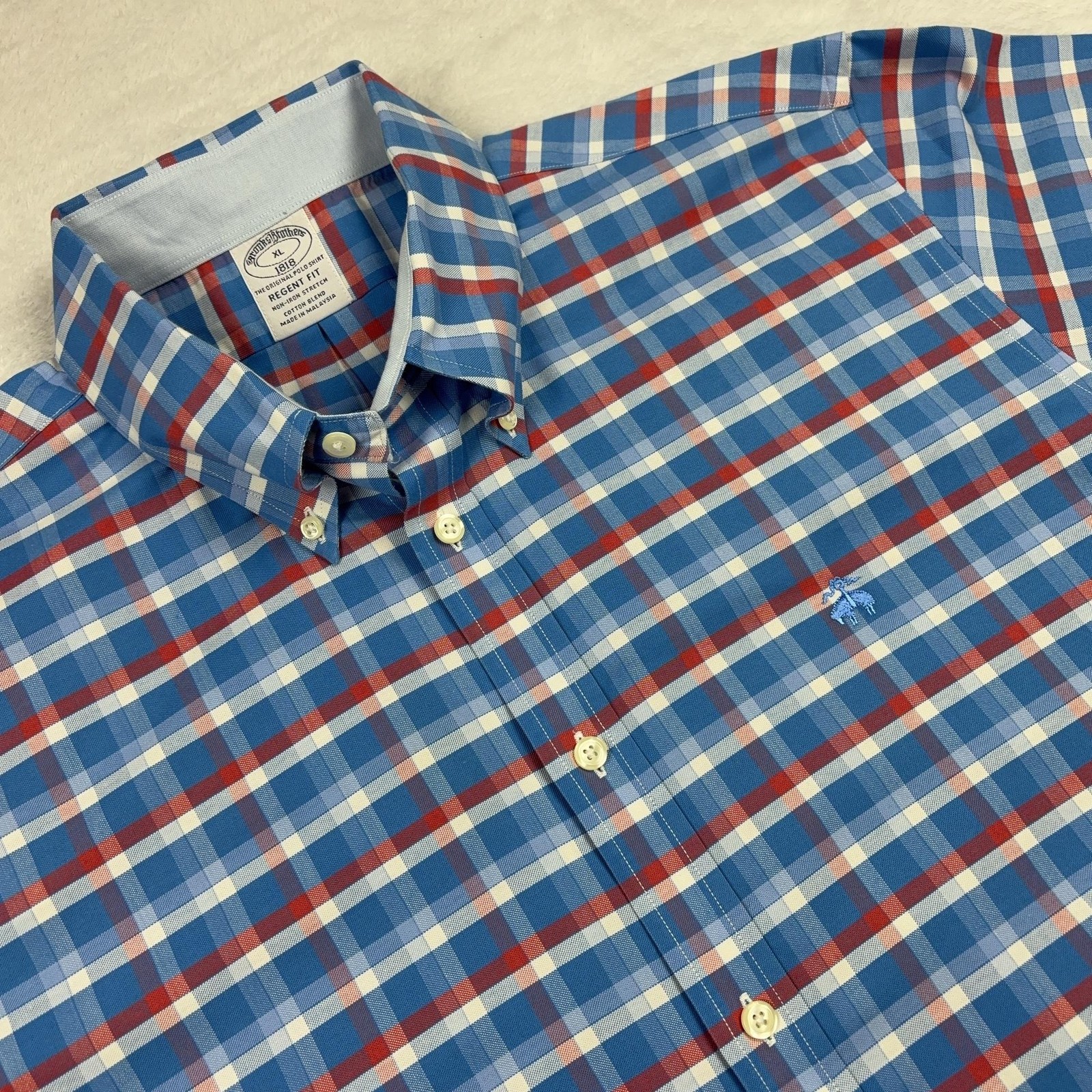 Brooks Brothers Shirt Men XL Blue Red Plaid Short Sleeve Regent Fit Non-Iron