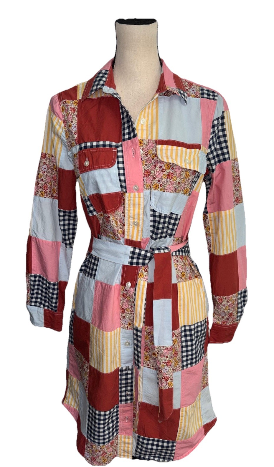 Lands End Dress Boho Patchwork Button-Down Hippy … - image 1