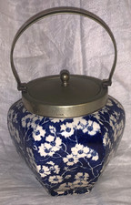 Great Old  Biscuit Jar  White Floral  Dark Blue Background  Metal Handle & Cover