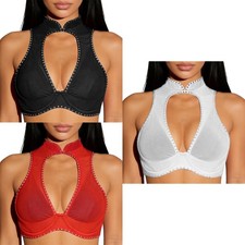 Women Corset Sheer Mesh Bustier Halter Bra Backless Crop Top Performance Party