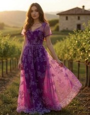 Marchesa Notte Ombre Embroidered Short Sleeve Illusion Metallic Gown Size 0 Nwt