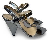 Vintage Prada Italy Argento Silver Metallic Ankle Strap Heel Sandals 40 10