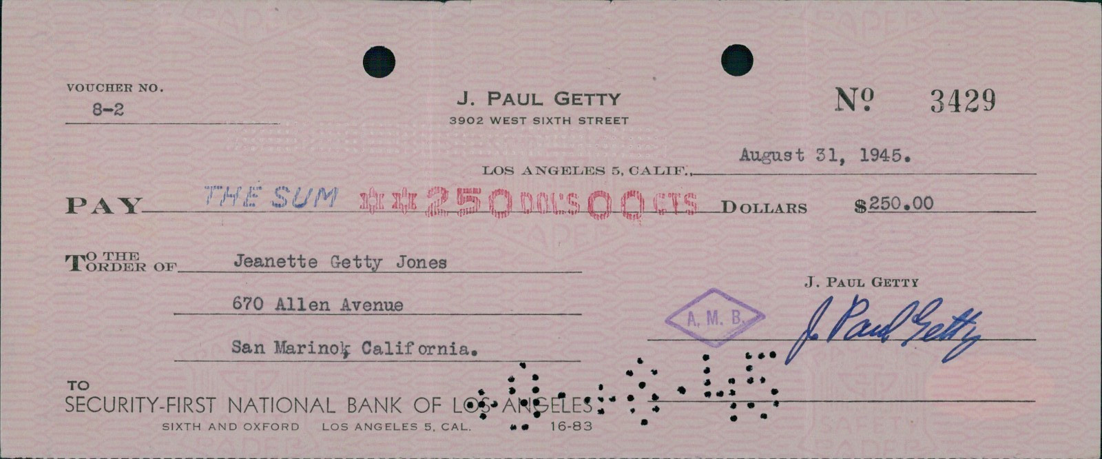 Jean J Paul Getty Oil Tycoon Signed Pink Cancelled Check JSA Authenticated