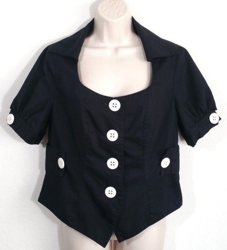 Kenar Women Size 10 Button Down Top Blouse Black Cropped Cotton Blend Career
