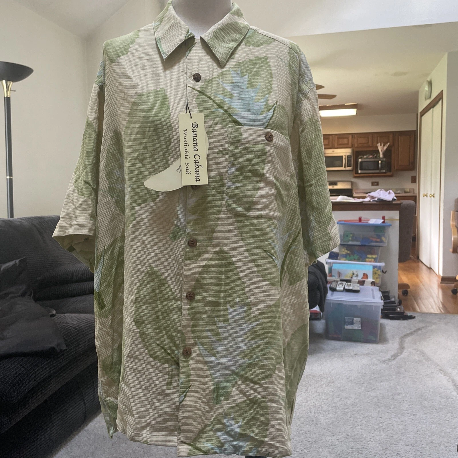 Banana Cabana Hawaiian Button Front Short Sleeve Floral Silk Shirt Sz Large New