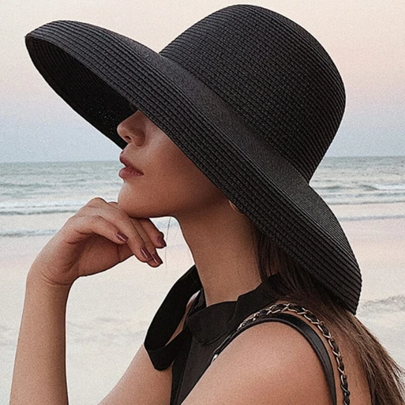 Summer Sun Hats Ladies Plain Elegant Wide Brim Hat Round Panama Straw Beach  Hat