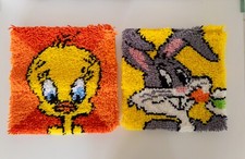 Vintage 1970s Latch Hook Tweety Bird and Bug Bunny Wall Decor