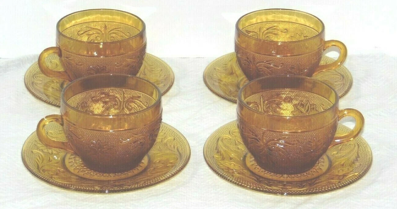 Vtg. Indiana Tiara Amber Glass Sandwich Set Of Four Tea Cups and Four Saucers
