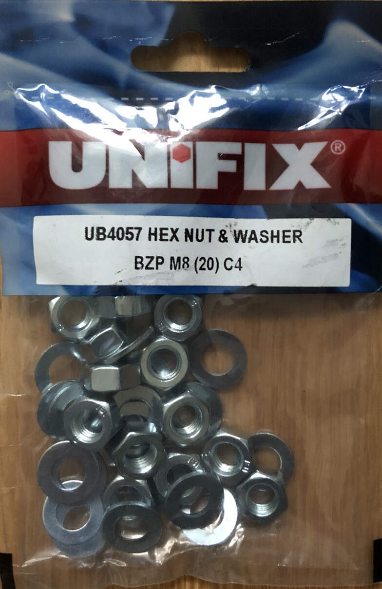 UNIFIX HEX NUTS & WASHERS BZP M8 UB4057 PACK OF 20 BRAND NEW SEALED PACK