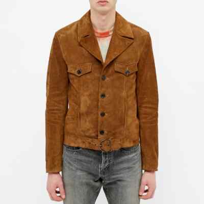 Brown Leather Trucker Jacket for Men Pure Suede Custom Made Size S M L XXL 3XL