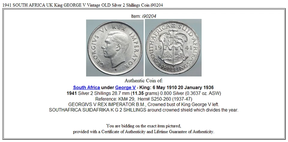 1941 SOUTH AFRICA UK King GEORGE V Vintage OLD Silver 2 Shillings Coin i90204 - Image 3 of 3