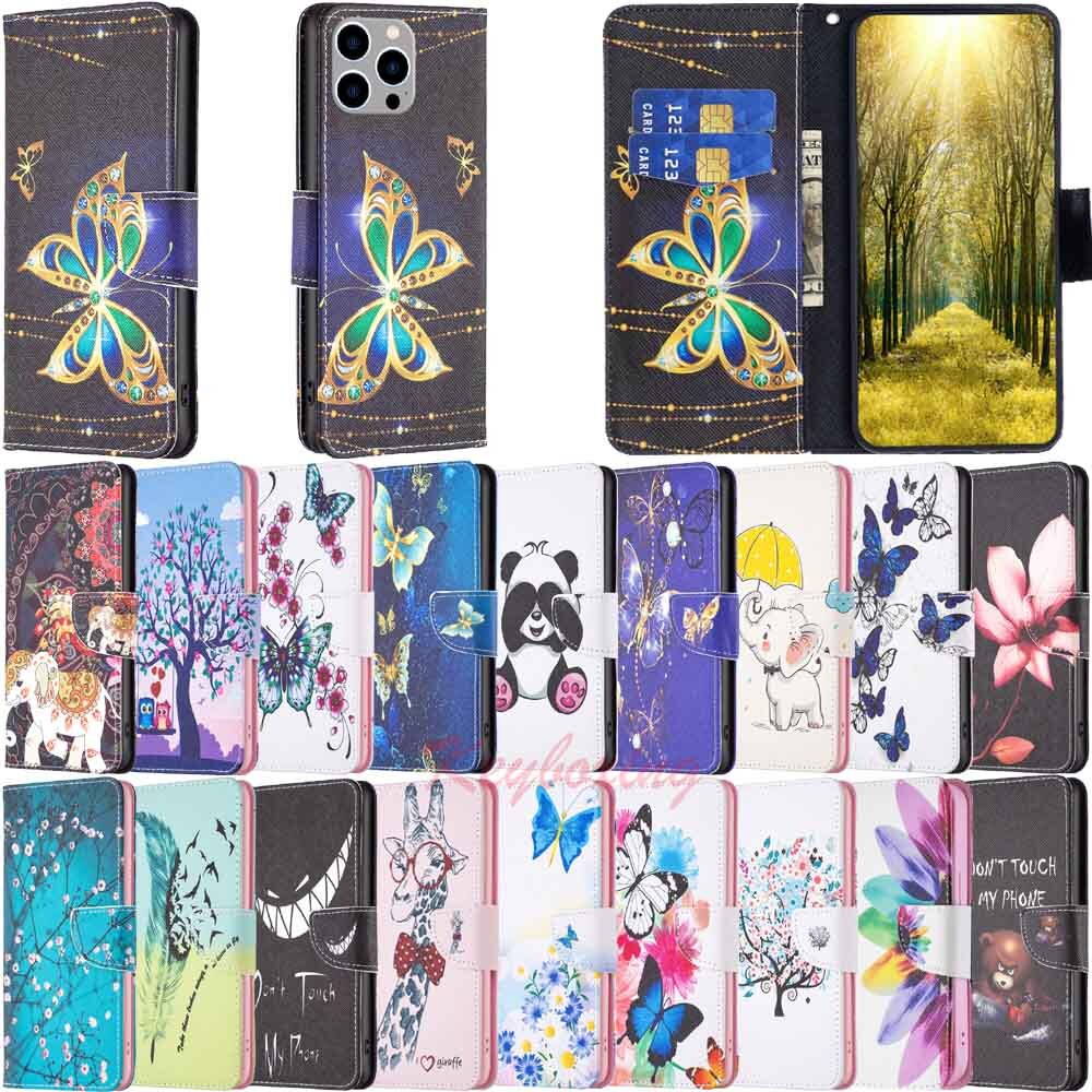 For iPhone 14 Pro Max 13 12 11 SE Patterned Wallet Card Slot Leather Case Cover