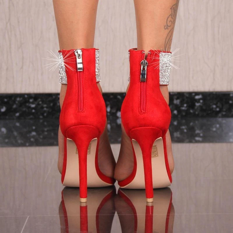 Glamouröse Damen Velours Sandaletten mit Strass Velours Rot #1922-101 - Bild 4 von 4