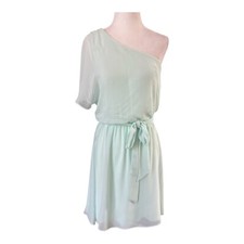 Express Mint Green One Shoulder Chiffon Dress Size M – Belted Asymmetrical Party