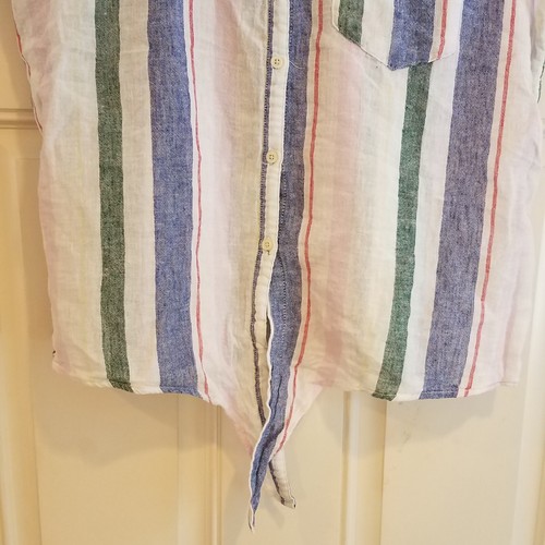 Old Navy Top Womens Large Button Up Hem Tie Linen Blend Blouse Striped II-21 - Picture 4 of 9