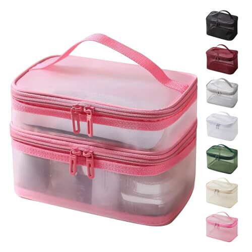 Pink Double-Layer Clear Compact Travel Makeup Organizer for Women