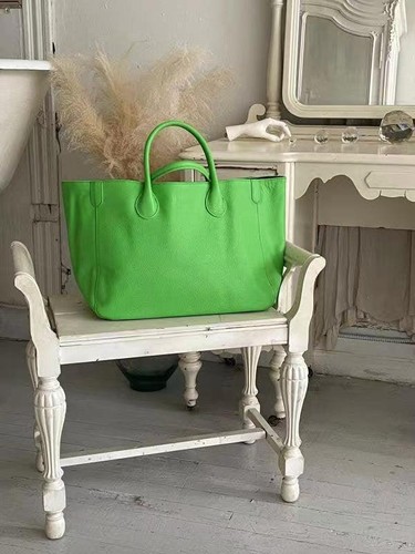 Neon Green Large Leather Tote Bag, Cowhide Leather Bag, Lady Fashion Bag Green - Picture 4 of 6