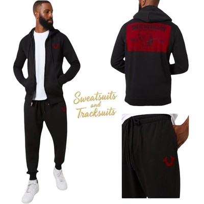 True Religion Mens 2 PC Sweatsuit Size L Fleece Tracksuit Hoodie Joggers Outfit