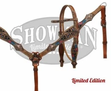 NEW Showman Painted Feather Design Headstall & Breast Collar w/ Reins! FREE SHIP