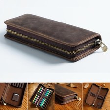 Handmade Genuine Leather Pen Pencil Zipper Case Stationery Box Pouch Storage Bag