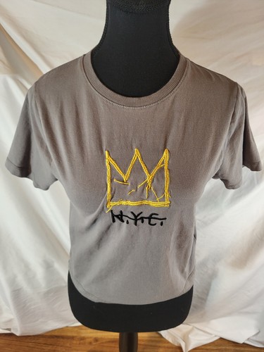 Basquiat Jean Michel Womans Size M Gray Cropped Tee Embroidered