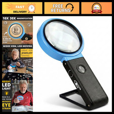 30X 10X Hands-Free Magnifying Glass with Stand LED Lights - Illuminated Loupe
