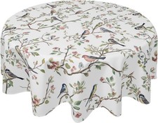 Spring Round Tablecloth 60 Inch, Watercolor Floral Birds Summer Farmhouse