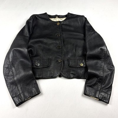 Womens Vintage Cropped Black Leather Jacket Minimalist Button Up Short Coat
