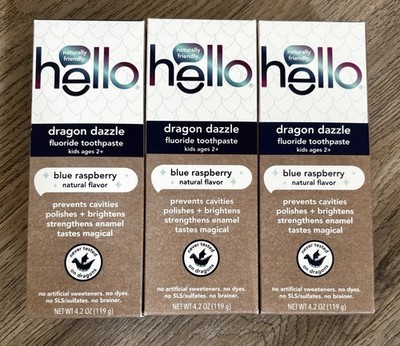Hello Dragon Dazzle Kids Fluoride Toothpaste Blue Raspberry 4.2oz 3Pk Exp 1/27
