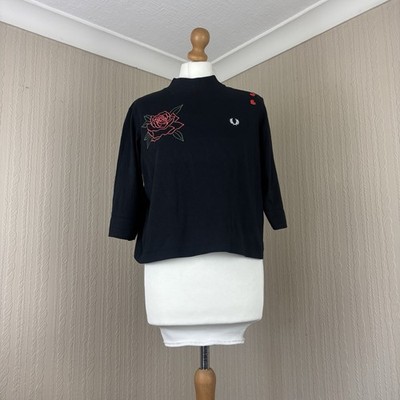 Fred Perry x Amy Winehouse schwarz hochgeschlossen 3/4 Ärmel bauchfreies Oberteil bestickt UK 12