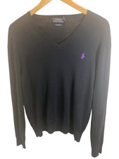 Ralph Lauren Polo V-Neck Black Pony Pima Cotton Knit Jumper Sweater Men's Small