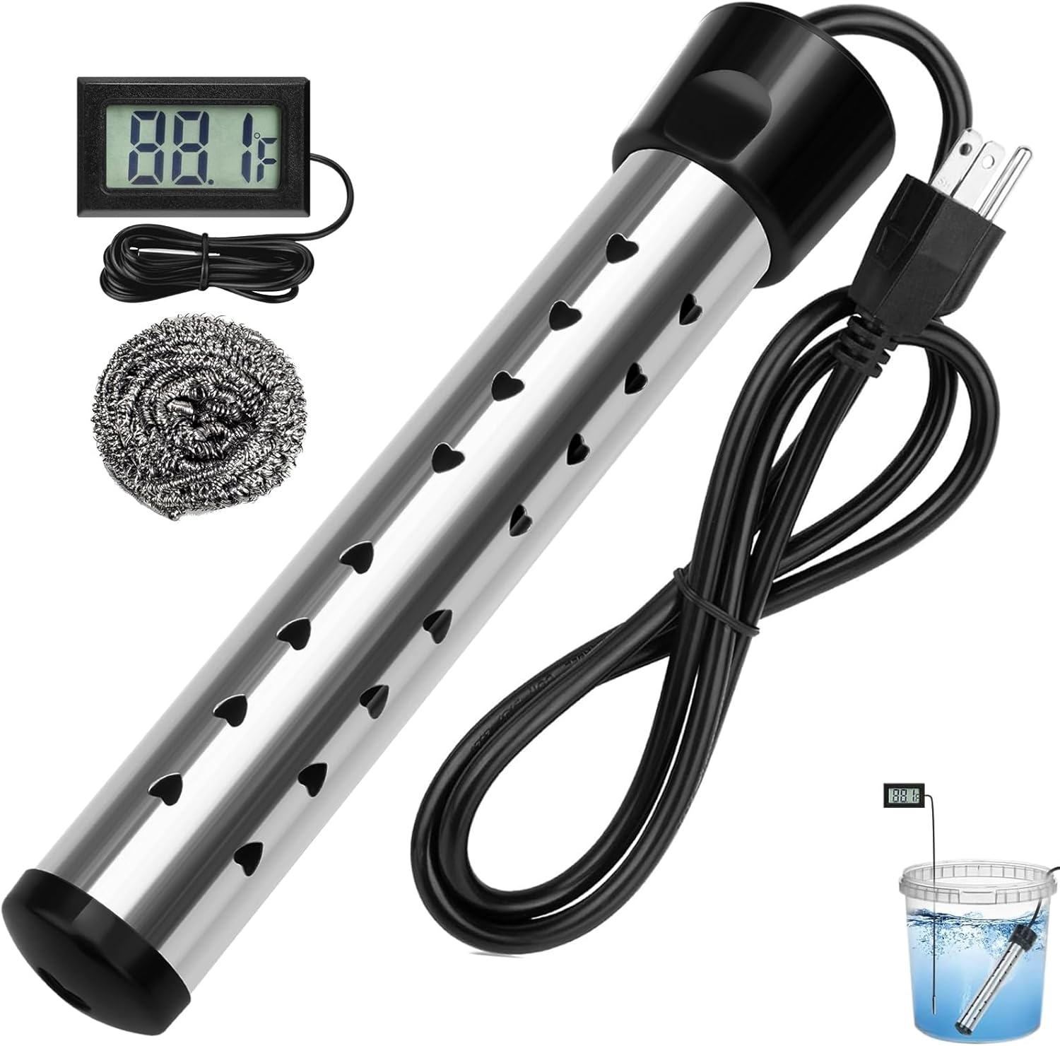 2000W Fast Heating Portable Immersion Water Heater with 3 Temperature Settings