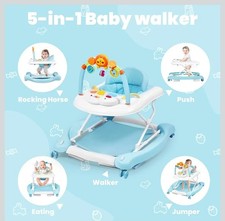 5-in-1 Baby Walker Blue White Multifunctional Adjustable Toy Bar Rocking Jumper