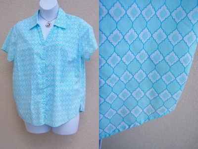 Basic Editions Woman vneck Summer shirt top plus size 1x aqua blue white blouse