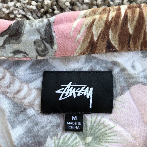 Stussy Camp Shirt Mens Size Medium Pink Hawk Falcon Print Loop Collar 100% Rayon - Picture 4 of 10