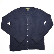 Eddie Bauer Womens Navy Blue Cable Knit Cotton Button Front Cardigan Sweater L