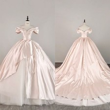 Vintage Pink Satin Princess Wedding Dresses Off The Shoulder Ruched Bridal Gowns